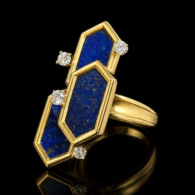 Chaumet lapis lazuli and diamond ring, 18KT gold: Black glass