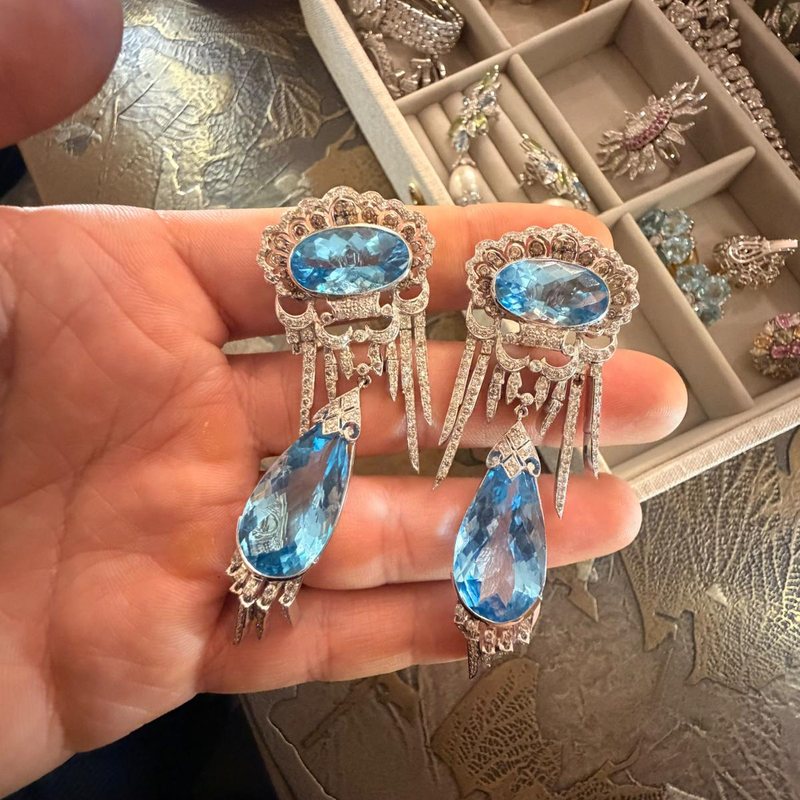 Blue topaz and diamond chandelier earrings: Your phone photo