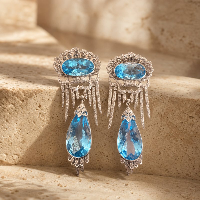 Blue topaz and diamond chandelier earrings: Stone
